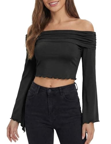 ZAFUL Womens Off Shoulder Black Tops Long Sleeve Shirt Sexy Going Out Holiday Party Tees Ribbed Knit Nightout Blouse Black S - Image 1