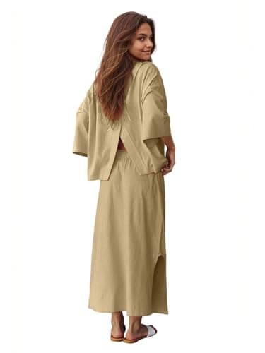 Halfword 2 Piece Sets for Women Oversized Shirt and Maxi Skirt Set Vacation Clothes Casual Lounge Set with Pockets Beige S - Thumbnail 4