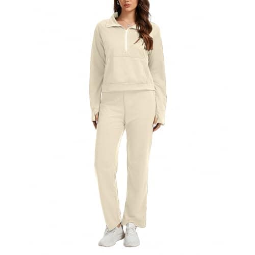 Anyshe Women's 2 Piece Sweatsuit Set Lounge Set Half Zip Sweatshirt with Kangaroo Pocket Thumb Holes Wide Leg Drawstring Pants Casual Tracksuit for Travel Daily Wear, Off White, Medium - Image 1