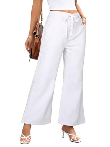 HDLTE Wide Leg Jeans Woman High Waisted Trendy Pull On Elastic Waist Drawstring Stretchy Denim Jean Pants with Pockets，White，M - Image 1