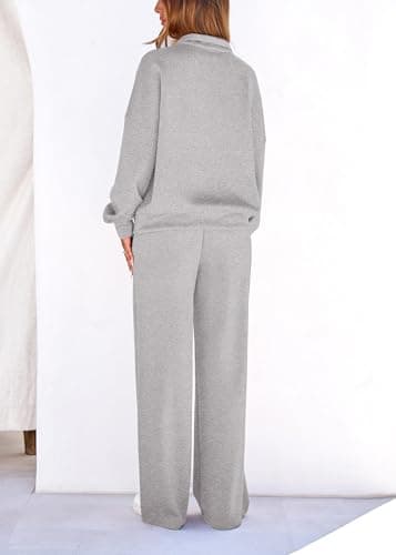 Lazysmile 2 Piece Sets For Women Lapel Half Zip Sweatshirt and Wide Leg Long Pants Sweatsuit Lounge Sets Workout Sets - Thumbnail 2