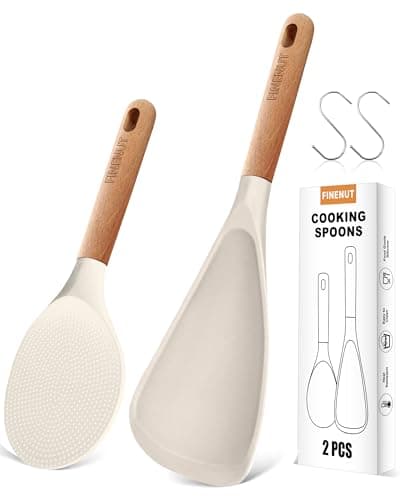 FINENUT Cooking Spoon Multifunction Spoonula Silicone Spatula Spoon 2-Pack, Dual-Use Heat Resistant 446°F, BPA-Free Non-Toxic Wooden Handle Rice Spoon Set for Non-Stick Cookware & Rice Cookers (Khaki) - Image 1