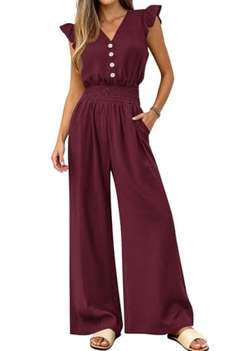 dowerme Women's Jumpsuits Dressy Casual 2026 Summer Ruffle Cap Sleeve V Neck Button Smocked Rompers Wide Leg Overalls(Burgundy,Medium) - Image 1