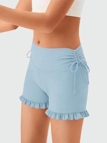 AMAWMW Girls Athletic High Waisted Ruffle Shorts Yoga Dance Cheer Shorts Teen Gymnastics Workout Shorts Blue 15-16Y - Thumbnail 3