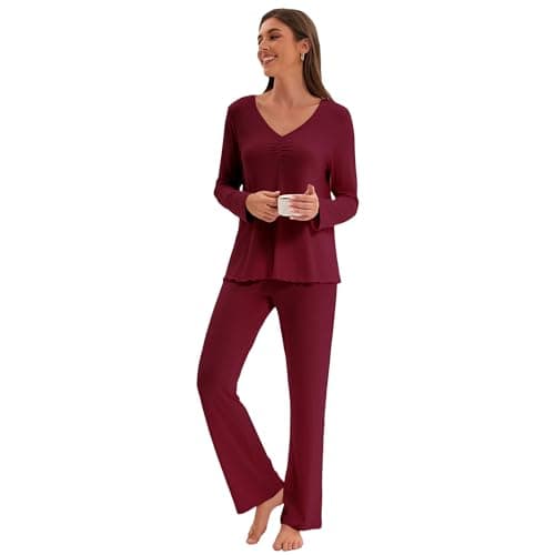 Navisting Women's Soft Knit Pajamas Set V-Neck Top and Pants Long Sleeve Two Piece Loungewear Elegant Wavy Hem Sleepwear with Color Options Burgundy M - Thumbnail 2
