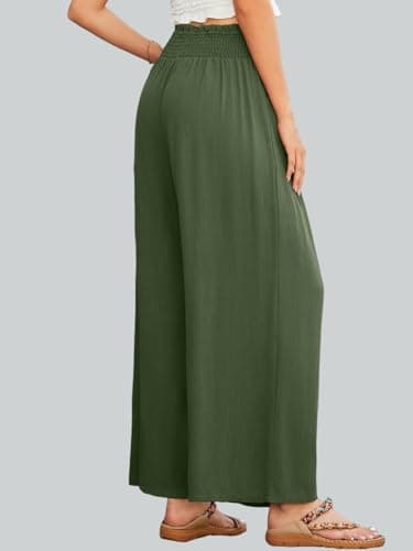 JUYUEO Womens Linen Summer Wide Leg Palazzo Pants High Waist Casual Loung Pant Beach Travel Vacation Harem Pants with Pockets Army Green - Thumbnail 5