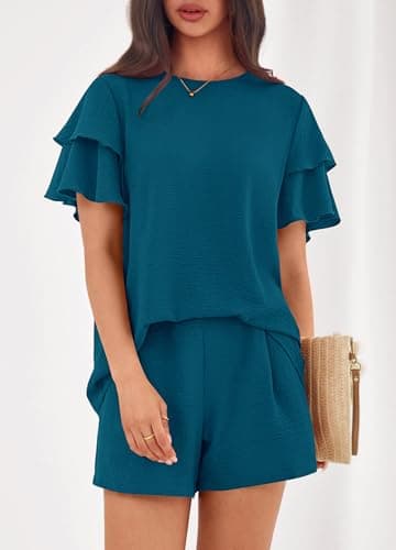 KIRUNDO 2 Piece Sets For Women Summer Ruffle Short Sleeve Top Elastic Waist Pants Matching Lounge Set Vacation Travel Outfits(Dark Blue, XX-Large) - Thumbnail 4