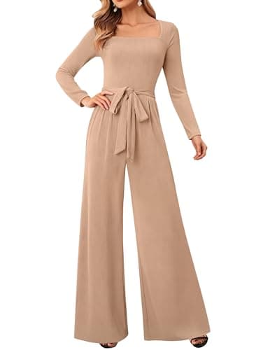 LOOKBOHO Dressy Jumpsuits for Women Casual Square Neck Long Sleeve Wide Leg Elegant 2025 One Piece Jumpsuit Outfits Khaki L - Image 1