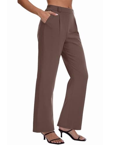 DLOODA Womens Dress Pants High Waisted Straight Leg Work Pants Pull On Business Casual Trousers Slacks with Pockets Brown 1L - Image 1