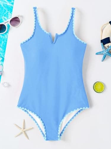 AMAWMW Girls Swimsuit One Piece Swimsuits Contrast Color V-Neck Bathing Suit Adjustable Straps Kids Swimwear Sky Blue 7-8Y - Thumbnail 6
