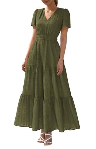 BTFBM Womens Summer Dresses 2026 V Neck Hollow Out Eyelet A Line Flowy Boho Beach Vacation Wedding Guest Maxi Dress(Army Green, Medium) - Image 1