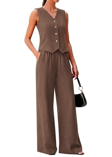 KIRUNDO Business Casual Outfits for Women Vest Tops Pant Suits Dressy 2 Piece Sets Summer Crop Blazer Wide Leg Work Pants(Coffee, Small) - Image 1