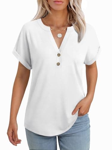 GKBK Womens Short Sleeve Henley Tops V Neck Business Dressy Casual Blouses Summer Loose Fit Trendy Tee Shirts 2026 Vacation Fashion Clothes White L - Image 1