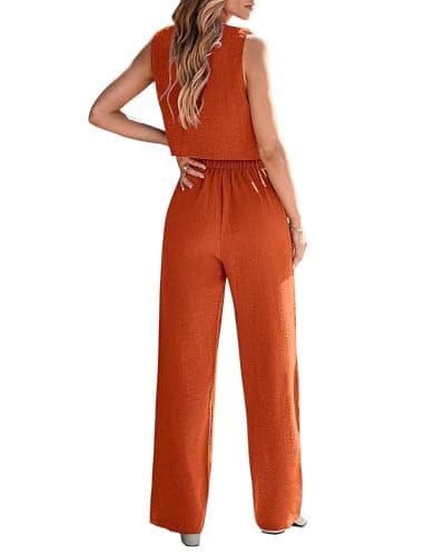 KIRUNDO Vest and Pants Set Women 2 Piece Outfits Sleeveless V Neck Linen Copped Blazer Vest and Wide Leg Pants Suit Brunch Summer Outfits 2026 Work Clothes(Brick Red, XX-Large) - Thumbnail 2