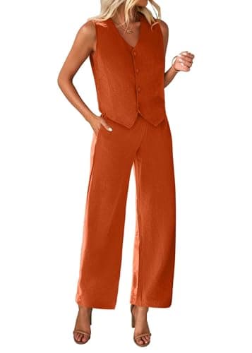 KIRUNDO Vest and Pants Set Women 2 Piece Outfits Sleeveless V Neck Linen Copped Blazer Vest and Wide Leg Pants Suit Brunch Summer Outfits 2026 Work Clothes(Brick Red, X-Large) - Image 1