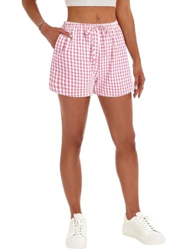 GKBK Boxer Shorts for Women Gingham Pajama 2026 Summer Spring Casual Lounge Sleep Drawstring Plaid Shorts Y2K Beach Bottoms Trendy Pink White Plaid M - Thumbnail 6