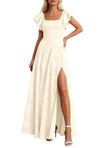 KIRUNDO Cocktail Dresses for Women Elegant Wedding Guest Summer Formal Maxi Lace Floral Slit Prom Party Bridesmaid Dress (Beige, Small) - Image 1