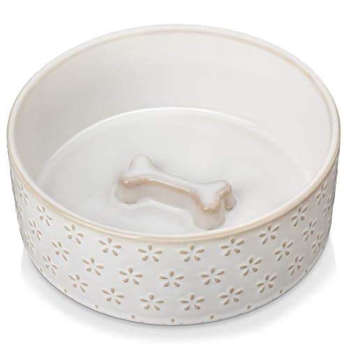 MALACASA Ceramic Dog Food Bowl, 3.5 Cups or 32oz Dog Food Water Dish for Mudium Breeds, Pet Bowl Dishwasher & Microwave Safe, Five-Leaf Grass, Series Lydia - Image 1