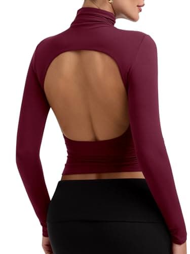 PINKMSTYLE Backless Long Sleeve Turtleneck Top Womens Double Lined Ruched Tops Country Concert Rave Outfits Burgundy Small - Image 1