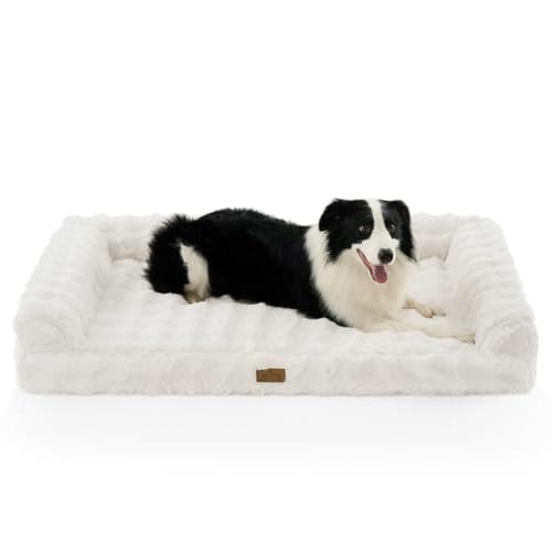 Faux Fur Orthopedic Dog Bed, Extra Large Dog Bed, Supportive Foam Pet Sofa with Waterproof Lining Cover, Washable U-Shaped Pet Couch with Anti-Slip Bottom Design, Beige XXL 48x32x8 inch - Image 1