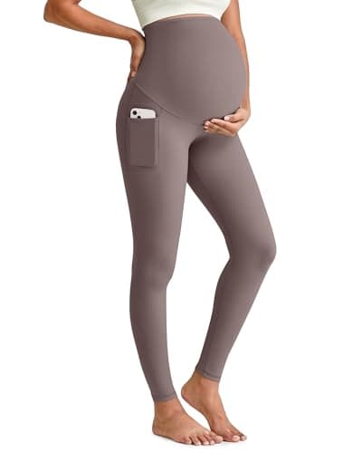 G4Free G4Fre Maternity Yoga Pants with Pockets Over The Belly Pregnancy Activewear Clothes Lounge Leggings for Yoga Workout(Taupe,XS,25") - Image 1