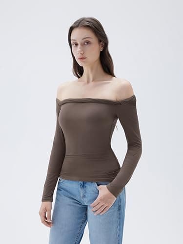 SUUKSESS Women Padded Off The Shoulder Tops Double Lined Going Out Long Sleeve Fitted Basic Fall Shirts(Brown, XS) - Thumbnail 3