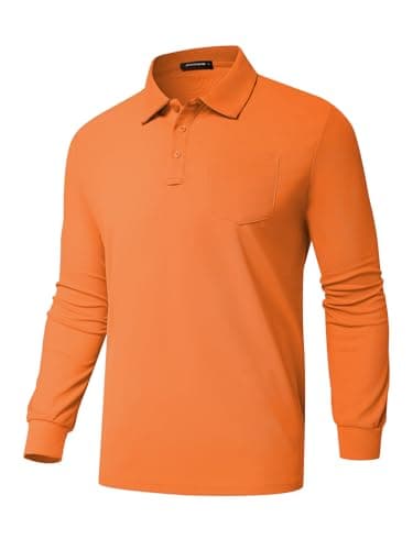Promen polo Men's Classic Long Sleeve Polo Shirts Casual Lightweight Solid Golf Shirts with Pocket Orange XL