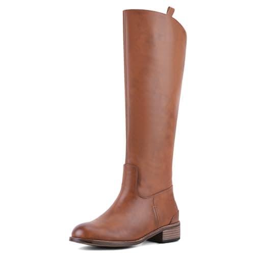 QIV Womens Brown Knee High Boots – Round Toe Riding Boots with Low Block Heel, Back Zip, Long Tall Fashion Style for Fall & Winter Size 6 - Image 1