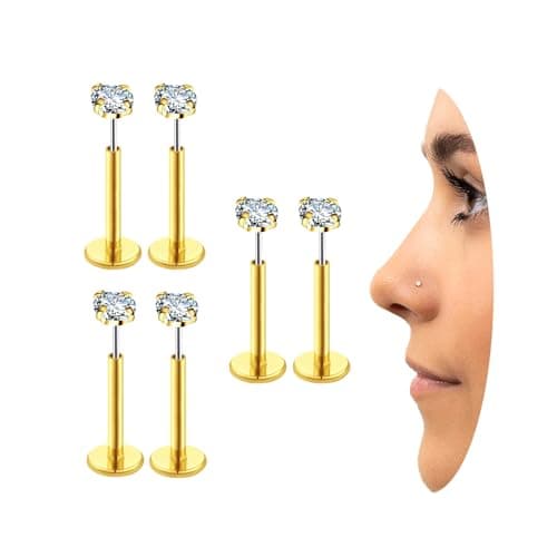 COTATI 18g Nose Stud Flat Back Studs Earrings Piercing Jewelry for Women,Surgical Steel Threadless Long Push Pin Labret Tragus Cartilage Lip Rings Stud (Gold,18G 3/3/3mm CZ) - Image 1
