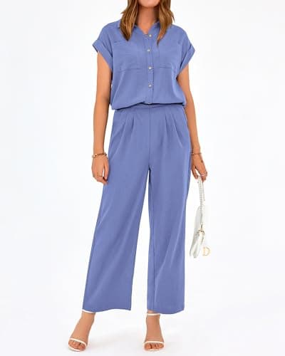 PRETTYGARDEN Womens 2 Piece sets Summer Cap Sleeve Tops Palazzo Pants Dressy Casual Vacation Travel Outfits Tracksuits(Blue,X-Large) - Thumbnail 5