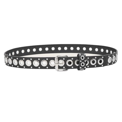 EONTISO Women Studded Leather Belt for Jeans, Punk Rock Silver Grommets Rivets, Black S - Image 1