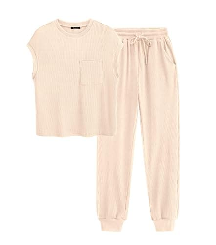 BTFBM Women's Two Piece Tracksuit Outfits Summer Short Sleeve Tops Long Pants Jogger Lounge Matching Sets Sweatsuit(Apricot,Large) - Image 1