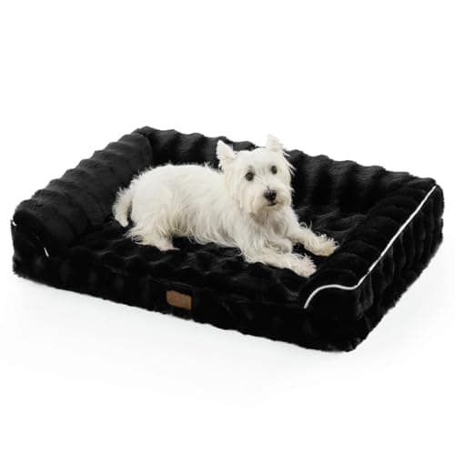 COZY KISS Faux Rabbit Fur Orthopedic Dog Bed, Dog Bed for Large Size, Supportive Foam Pet Sofa with Waterproof Lining Cover, Washable U-Shaped Pet Couch with Anti-Slip Bottom, Black L 36x27x6.5 inch - Image 1