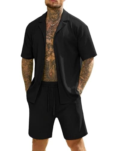 JEMLDL Men's Shorts Set Summer Casual 2 Piece Outfits Textured Button Down Shirts Beach Travel Wedding Attire Black S - Image 1
