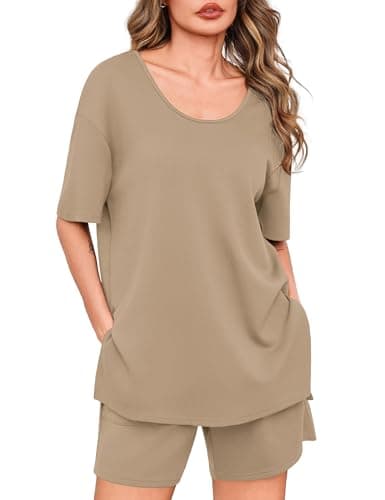 Totatuit Women's Short Set 2 Piece Summer Outfits Oversized U Neck T-Shirt Shorts Set with Pockets Casual Loose Lounge Sets for Airport Travel Khaki Small - Image 1