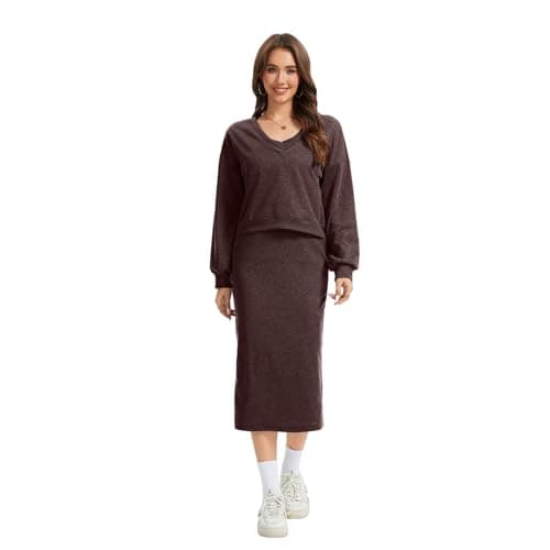 Anyshe Women's 2 Piece Matching Knit Sweater Set, Long Sleeve V-Neck Top with Maxi Skirt, Effortless Style for Vacation - Thumbnail 3