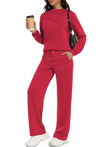 Casly Lamiit 2 Piece Sweat Suits for Women Trendy Lounge Set Travel Outfits Casual Mock Neck Tops Wide Leg Sweatpants Fall Airport Clothes Red L - Image 1