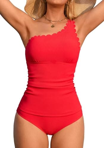 ANFILIA Tankini Bathing Suits for Women Two Piece Tummy Control Tankini Swimsuits Scallop Swimwear Ruched Tankini Set Red - Image 1