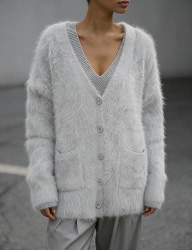 Women's Fuzzy Cardigan V Neck Long Sleeve Button Down Slouchy Furry Sweaters Chunky Knit Mohair Sweater Coat(Grey-S) - Thumbnail 2