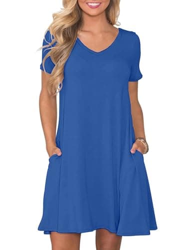 Moodclo Women's Summer Casual Dresses Royal Blue Small Short Sleeve Swing T-Shirt Dress with Pockets Ladies V-Neck Beach Vacation Sundresses - Image 1
