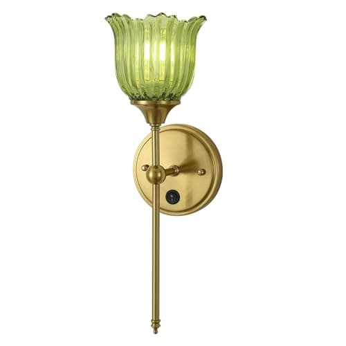 BOXCUPIN Modern Wall Sconces with Green Flower Glass Shade 1 Pack, Mid Century Bathroom Vanity Wall Light Fixtures Gold Vintage Wall Lights with Switch for Mirror Bedroom Living Room - Image 1