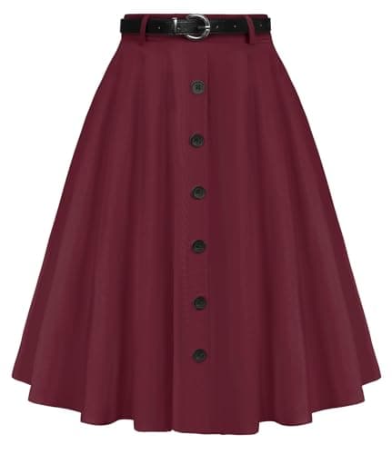 Belle Poque Button Front Skirt Vintage Womens Casual A Line Skirts Belted High Waist Midi Skirt with Pockets Wine Red XL - Image 1