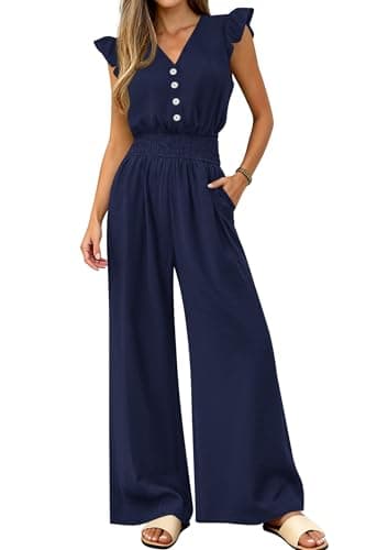 dowerme Women's Jumpsuits Dressy Casual 2026 Summer Ruffle Cap Sleeve V Neck Button Smocked Rompers Wide Leg Overalls(Navy Blue,Small) - Image 1