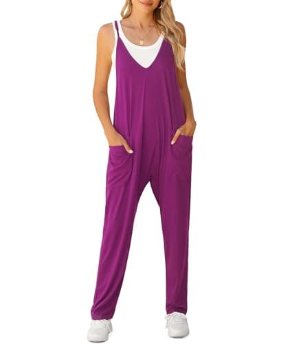 LILBETTER Women's Casual Loose Sleeveless Jumpsuits Adjustbale Spaghetti Strap V Neck Long Pants Overalls with Pockets(01 Purple,X-Large) - Image 1