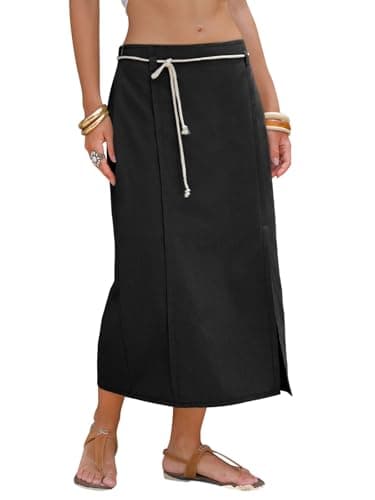 EXLURA Womens Linen Elastic Waist Straight Midi Skirt Summer Cotton Maxi Long Boho Skirts Slit Beach Vacation Outfits 2026 Black - Image 1