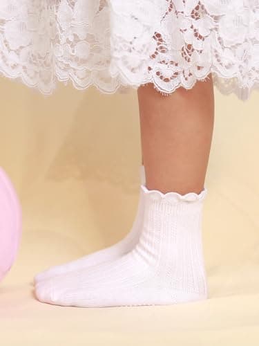 ALLOVIN 6 Pairs Non-Slip Ruffle Lace Socks for Baby & Toddler Girls – Soft Cotton Grip Socks | Off-white | 1-3 Years - Thumbnail 2