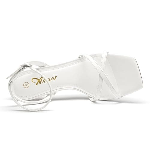 Athlefit White Kitten Heels for Women Square Open Toe Strappy High Heels Comfortable Dressy Summer Wedding Ankle Strap Heeled Sandals Size 6 - Thumbnail 5