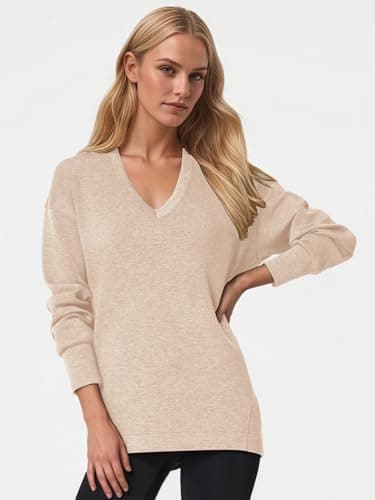 COCOMARTS Womens V Neck Sweatshirts Long Sleeve Casual Shirts Pullover Comfy Tunic Tops 2025 Fall Fashion Outfits Clothes Apricot Small - Thumbnail 2