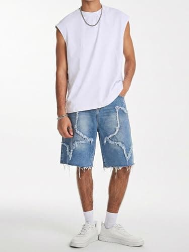 JMIERR Men's Baggy Jorts Loose Fit Wide Leg Comfy Y2K Hip Hop Streetwear Vintage Casual Star Denim Shorts with Pockets, Sail Blue, X-Large - Thumbnail 2