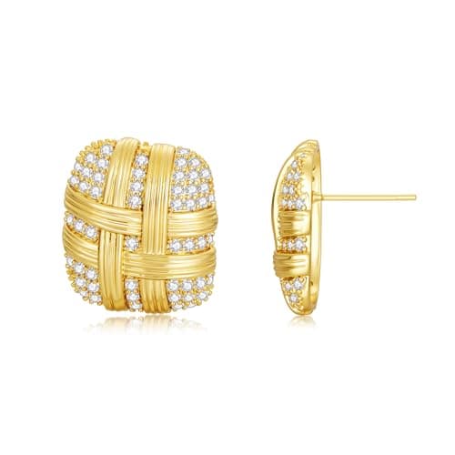 EYESHOCK Large Stud Earrings for Women Gold Stud Earrings 18K Gold Plated Cubic Zircon Square Woven Design Lightweight Hypoallergenic (Woven) - Image 1